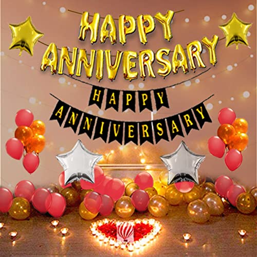 HK Balloons 57 Pcs Gold Happy Anniversary balloons LED Combo Set for anniversary Decoration Party Supplies with Fairly LED Lights (Rubber) - Image 1
