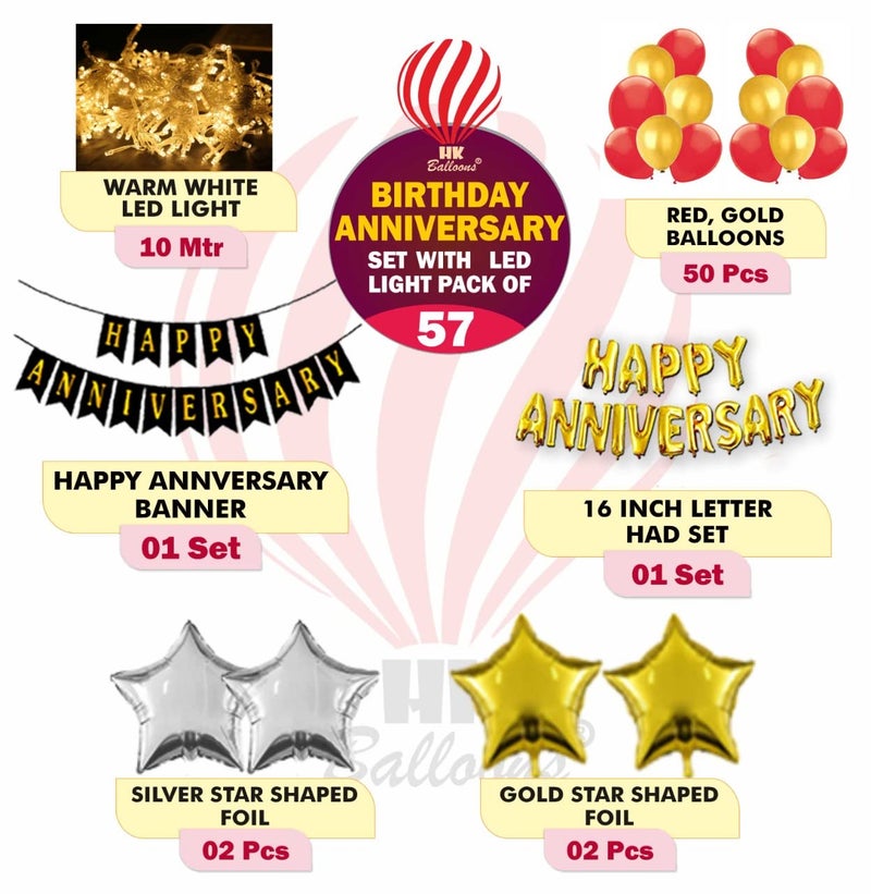 HK Balloons 57 Pcs Gold Happy Anniversary balloons LED Combo Set for anniversary Decoration Party Supplies with Fairly LED Lights (Rubber) - Image 2