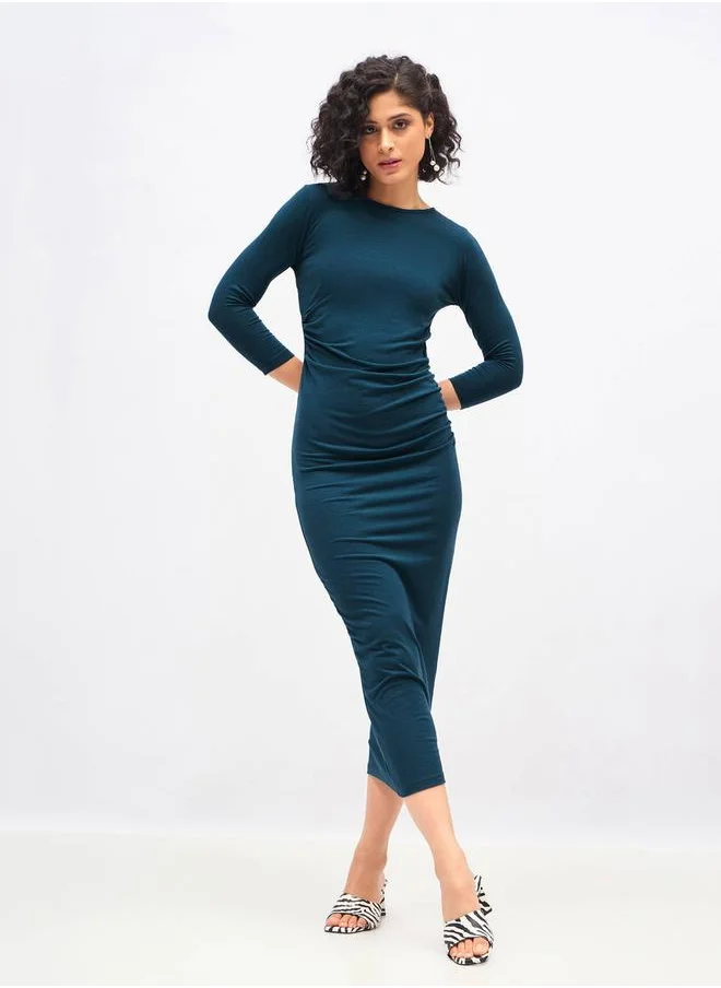 SASSAFRAS Gathered Detail Bodycon Midi Dress with 3/4 Sleeves by Styli