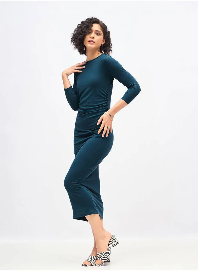 SASSAFRAS Gathered Detail Bodycon Midi Dress with 3/4 Sleeves by Styli