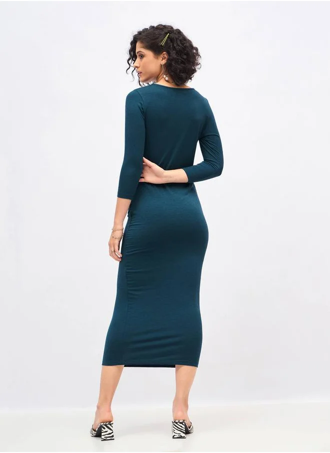 SASSAFRAS Gathered Detail Bodycon Midi Dress with 3/4 Sleeves by Styli