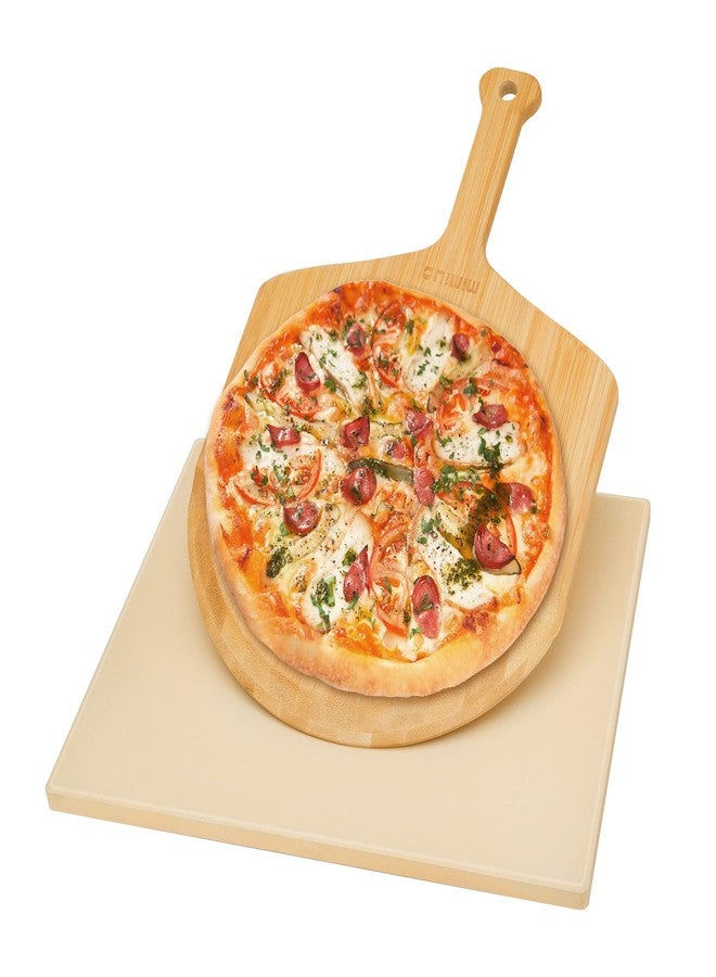 Mimiuo Pizza Stone and Wood Peel Set for Oven and Grill - 12x15 Inch Rectangular Baking Stone with Bamboo Peel, Perfect for Crisp Crust Pizza, Breads, Cheese, and More - Image 1