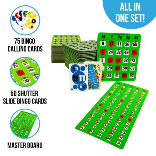 Regal Games Regal Bingo Game Set for Adults and Kids 50 Bingo Cards with Sliding Windows Reusable Large Bingo Cards 1 Master Board Fun Family Game Night No Chips Daubers Needed Green - Image 5