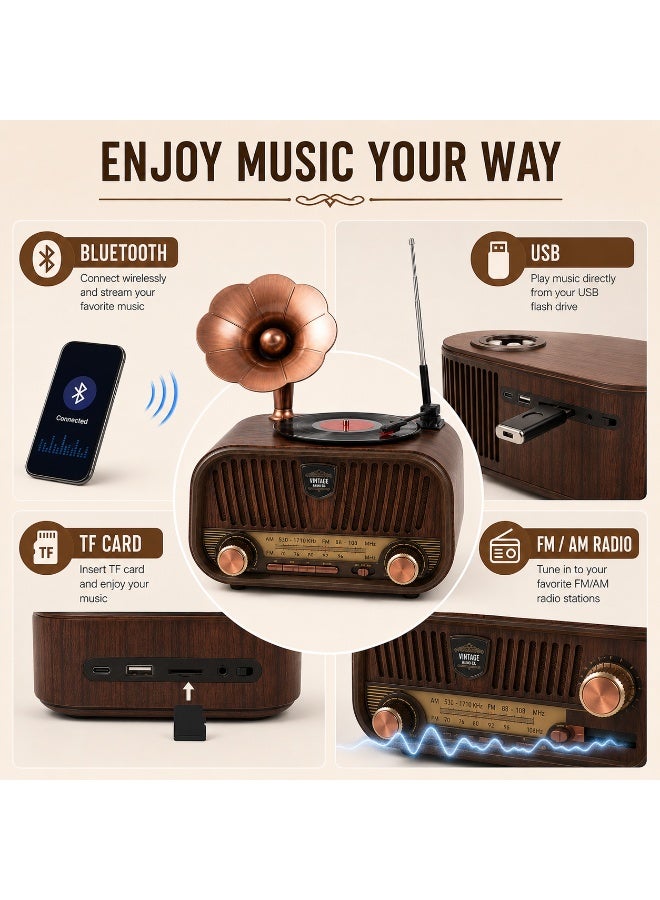 Vintage Retro Radio with Mini Gramophone – Bluetooth Speaker, USB Flash Drive, TF Card, FM/AM Radio – Wooden Classic Design - Image 3