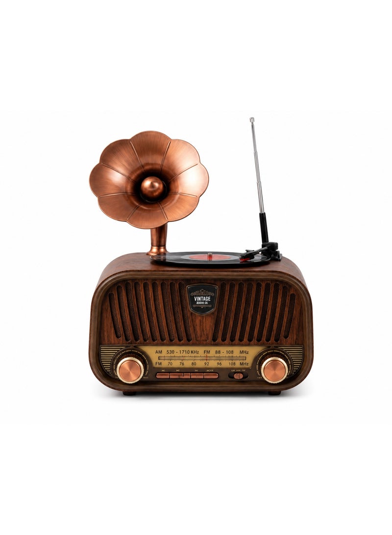 Vintage Retro Radio with Mini Gramophone – Bluetooth Speaker, USB Flash Drive, TF Card, FM/AM Radio – Wooden Classic Design - Image 1