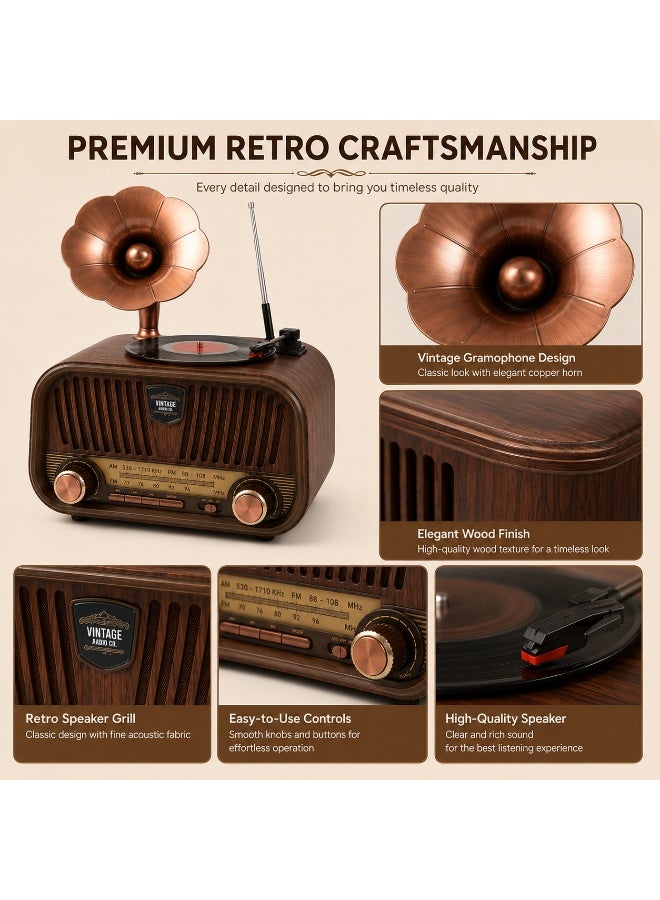 Vintage Retro Radio with Mini Gramophone – Bluetooth Speaker, USB Flash Drive, TF Card, FM/AM Radio – Wooden Classic Design - Image 4