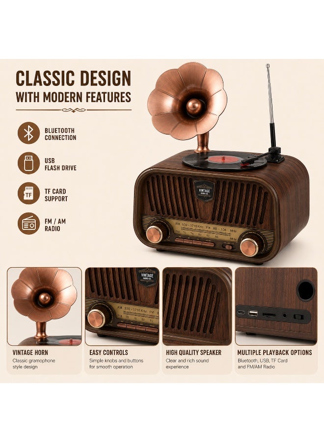 Vintage Retro Radio with Mini Gramophone – Bluetooth Speaker, USB Flash Drive, TF Card, FM/AM Radio – Wooden Classic Design - Image 2