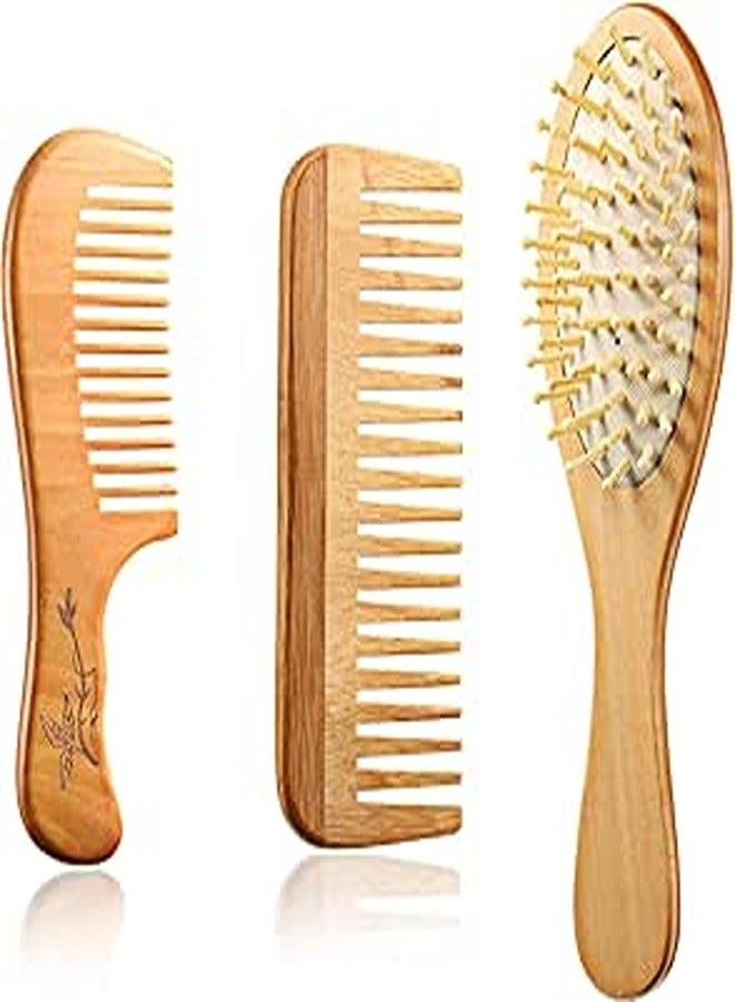 مجموعة أمشاط فك التشابك الخشبية المكونة من 3 قطع، مشط خشبي واسع الأسنان بدون كهرباء ساكنة، فرشاة شعر خشبية بمجداف الخيزران، مشط فروة الرأس، مشط شعر من خشب الصندل للشعر المجعد والجاف والمبلل