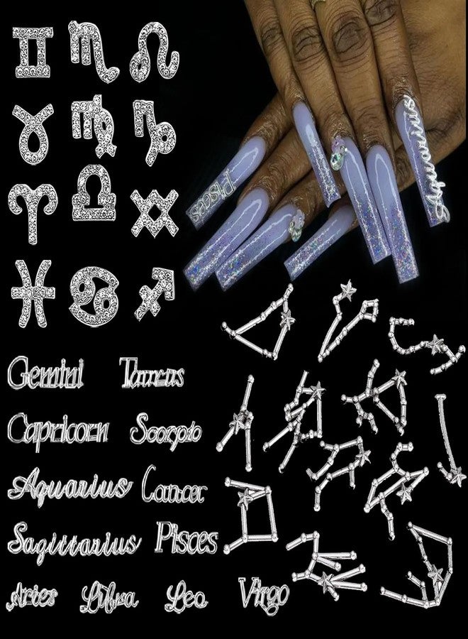 HYWWPFLAY 36pcs Silver Zodiac Sign Nail Charms for Acrylic Nails Alloy Twelve Constellation Zodiac Letter Charm Jewels Studs Hollow Letter Nail Art Nail Decoration DIY Craft for Home&Salon - Image 1