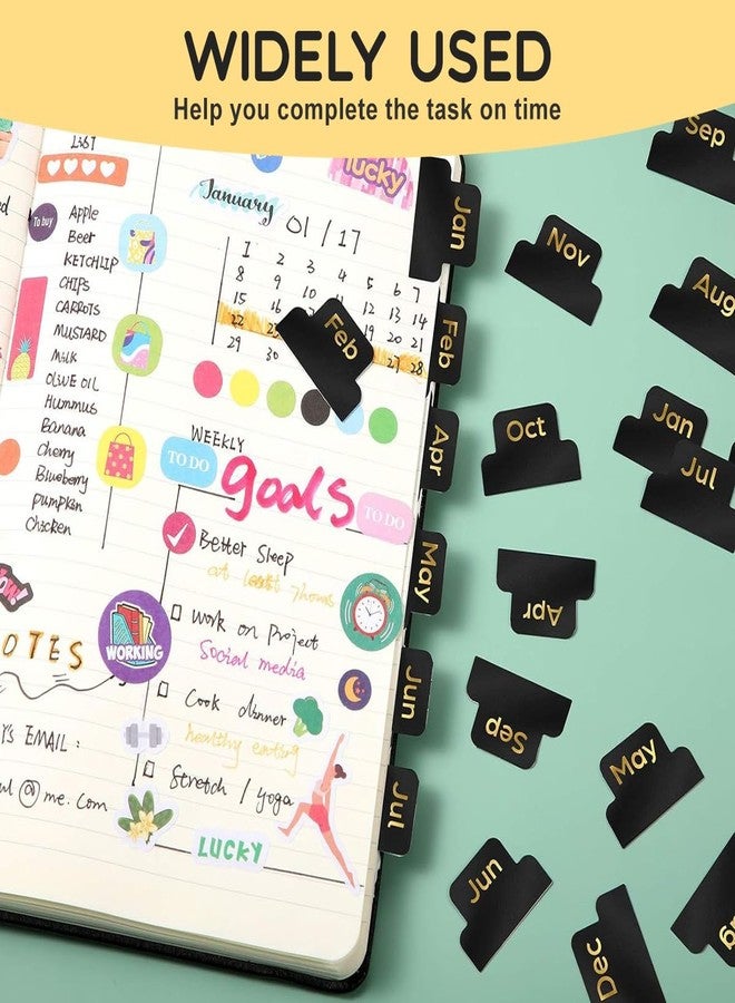 erioctry 12 Pcs Monthly Tabs Calendar Stickers Black Designer Adhesive Planner Tabs for Notebook Journal Office Planners Organizations - Image 4