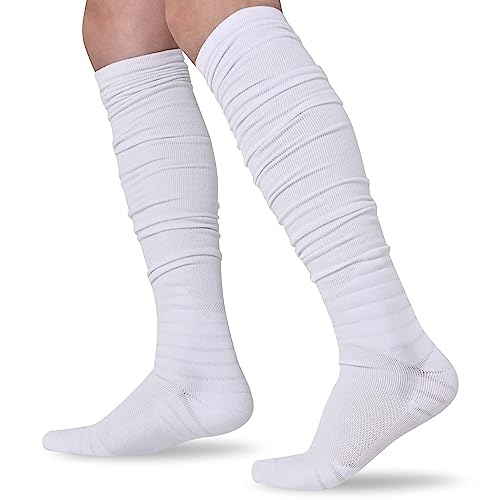 IRAMY Scrunch Long Football Socks Men Youth Boys 1 Pack Combed Cotton With Ankle Support Padded Knee High Socks Breathable White Sports Socks - Image 1