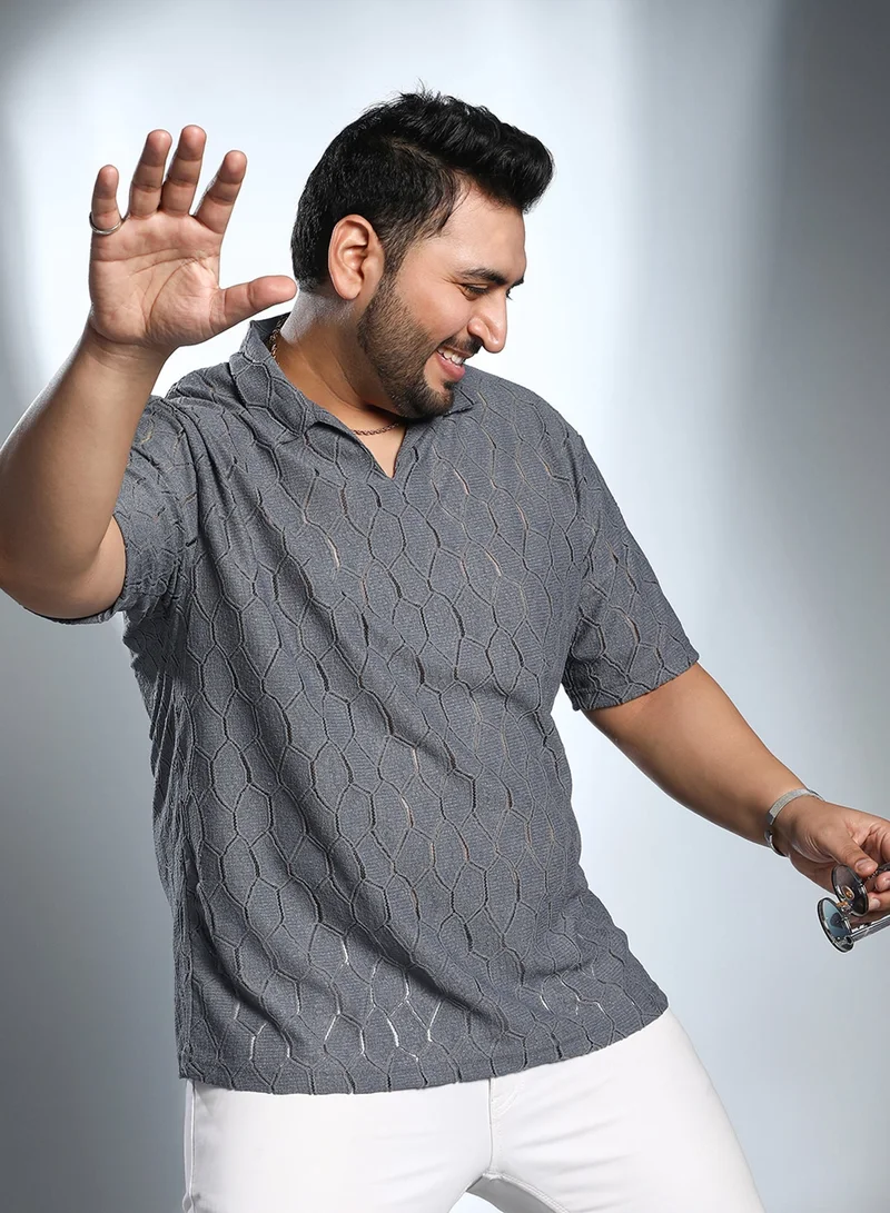 انستافاب بلس تيشيرت بولو رجالي من إنستافاب بلس بلون رمادي عسلي محبوك بنمط خلية النحل للملابس الكاجوال بياقة بولو وأكمام قصيرة عادية وإغلاق بالسحب مقاس كبير مصنوع بتصميم مريح للارتداء اليومي