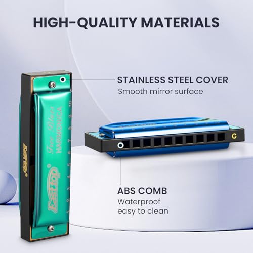 East top Harmonica Set, 7 Keys Diatonic Mouth Organ with Case, A, B, C, D, E, F, G, Professional, Bronze Reed, Polished Finish - Image 4