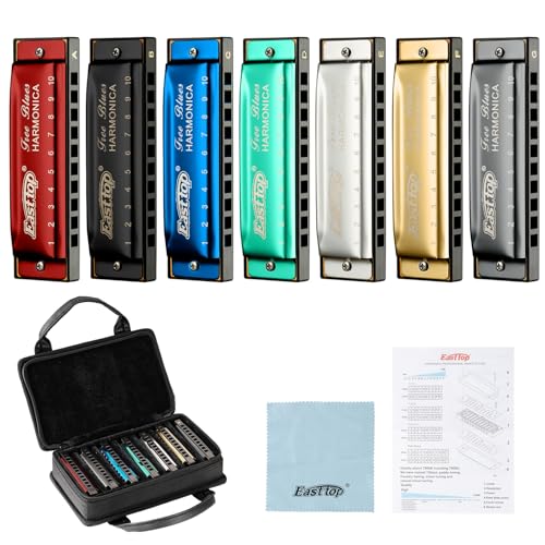 East top Harmonica Set, 7 Keys Diatonic Mouth Organ with Case, A, B, C, D, E, F, G, Professional, Bronze Reed, Polished Finish - Image 1