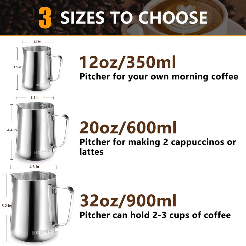HOOMIL Milk Frothing Pitcher, 12oz/20oz/32oz Stainless Steel Steaming Pitcher Barista Milk Frother Cup Jug for Espresso Machine Coffee Cappuccino Latte Art - 12oz - Image 2
