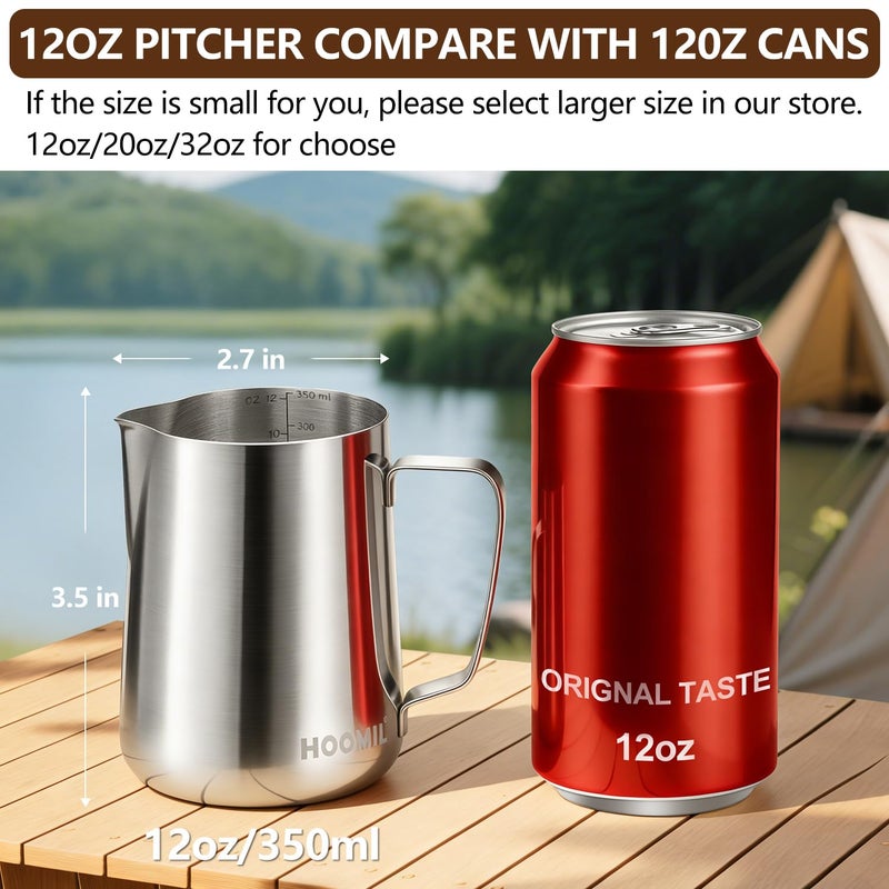 HOOMIL Milk Frothing Pitcher, 12oz/20oz/32oz Stainless Steel Steaming Pitcher Barista Milk Frother Cup Jug for Espresso Machine Coffee Cappuccino Latte Art - 12oz - Image 3