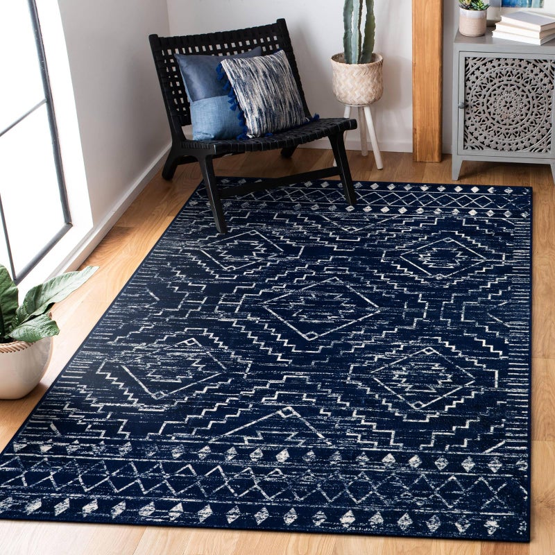 Wonnitar Moroccan Washable Rug 3x5, Blue Non-Slip Entryway Area Rug, Soft Farmhouse Bedroom Throw Mat, Geometric Low Pile Scandinavian Accent Carpet for Entry Kitchen Basement (Blue,3'x5') - Image 1