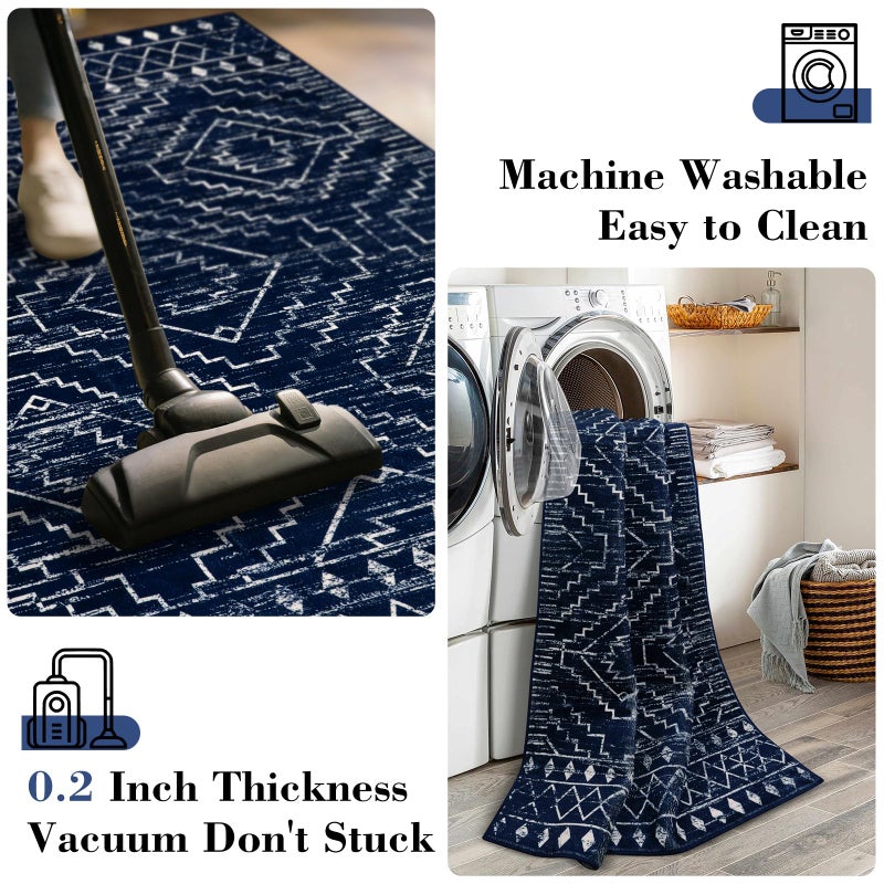 Wonnitar Moroccan Washable Rug 3x5, Blue Non-Slip Entryway Area Rug, Soft Farmhouse Bedroom Throw Mat, Geometric Low Pile Scandinavian Accent Carpet for Entry Kitchen Basement (Blue,3'x5') - Image 5