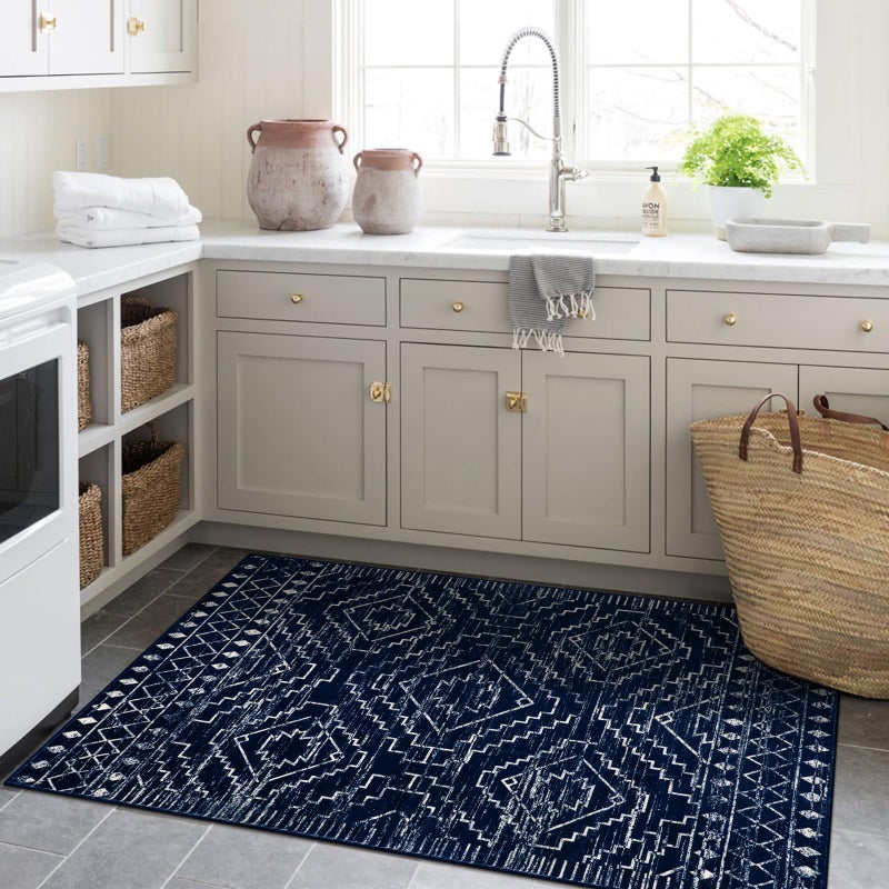 Wonnitar Moroccan Washable Rug 3x5, Blue Non-Slip Entryway Area Rug, Soft Farmhouse Bedroom Throw Mat, Geometric Low Pile Scandinavian Accent Carpet for Entry Kitchen Basement (Blue,3'x5') - Image 2