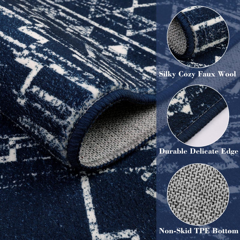 Wonnitar Moroccan Washable Rug 3x5, Blue Non-Slip Entryway Area Rug, Soft Farmhouse Bedroom Throw Mat, Geometric Low Pile Scandinavian Accent Carpet for Entry Kitchen Basement (Blue,3'x5') - Image 4