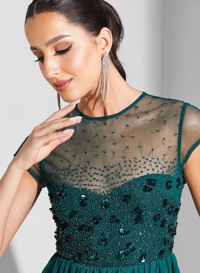 Namshi x Hadia Ghaleb Mesh Insert Embellished Dress