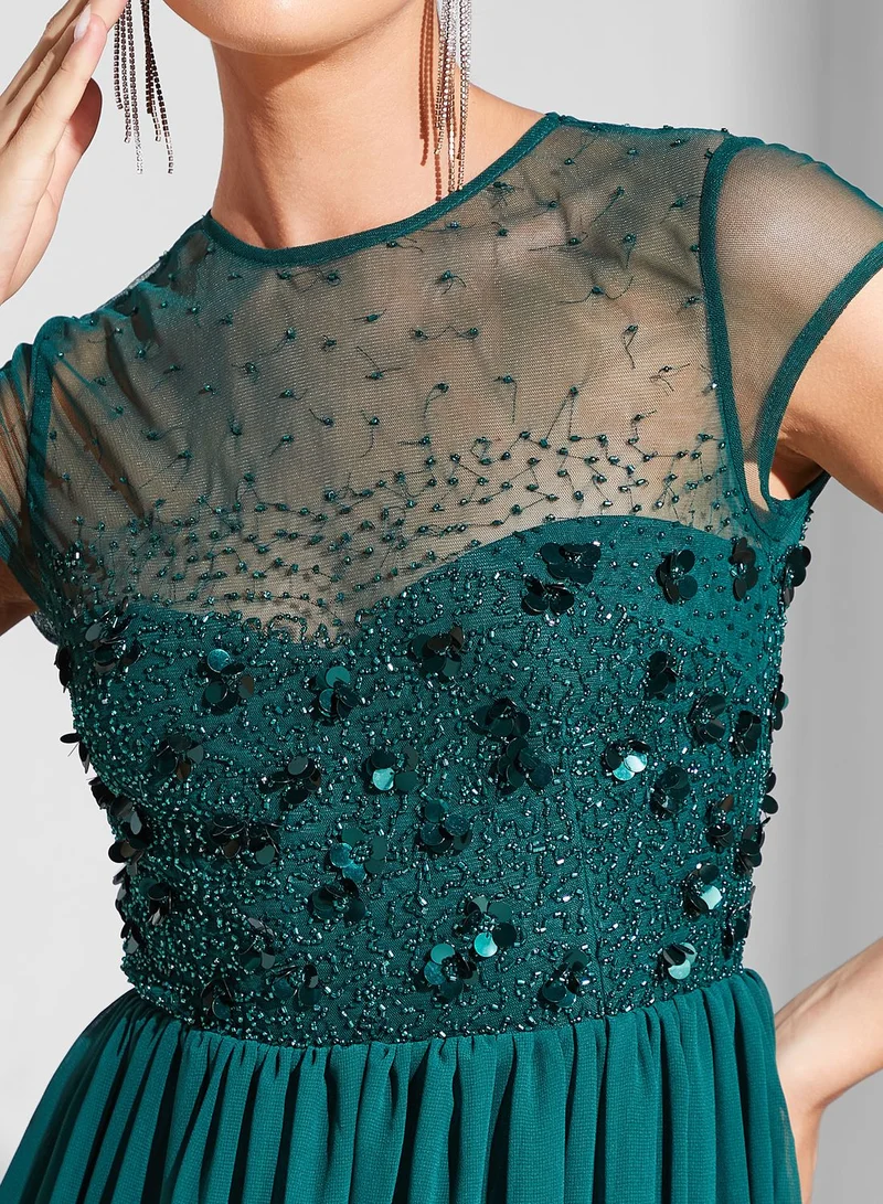 Namshi x Hadia Ghaleb Mesh Insert Embellished Dress
