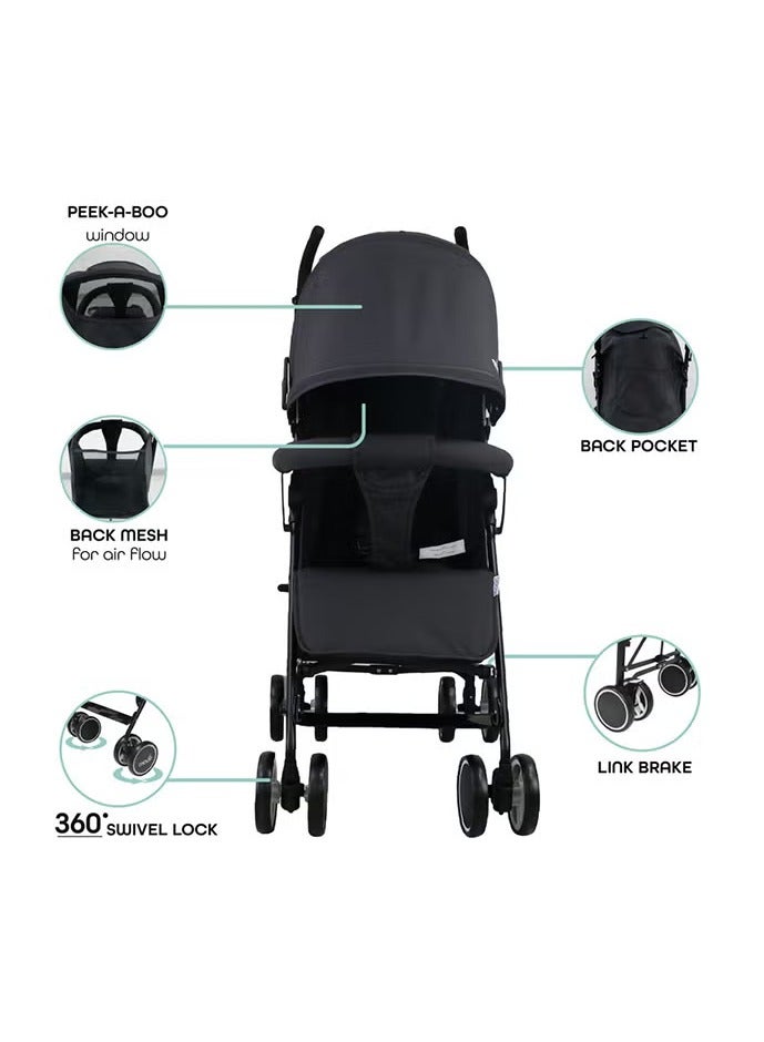 نيو بلس عربة سفر بمظلة قابلة للطي وسلة تخزين بمقعد قابل للاستلقاء خفيفة الوزن وصغيرة الحجم ومناسبة من 0 متر حتى 18 كجم باللون الأسود - Image 2