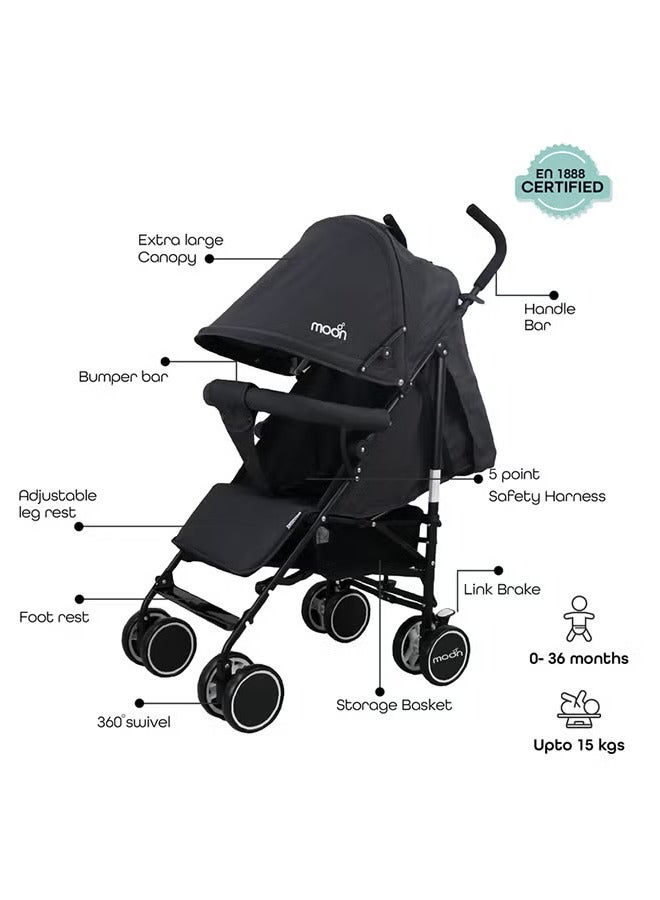 نيو بلس عربة سفر بمظلة قابلة للطي وسلة تخزين بمقعد قابل للاستلقاء خفيفة الوزن وصغيرة الحجم ومناسبة من 0 متر حتى 18 كجم باللون الأسود - Image 3