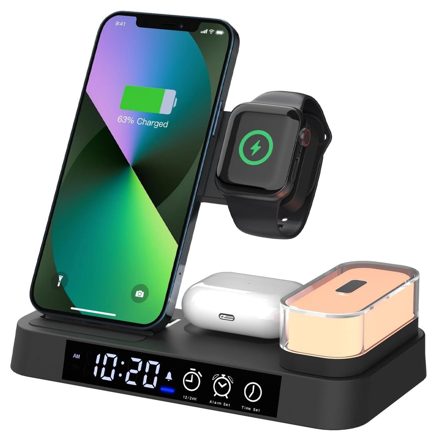 Joshberg 3 in 1 Wireless Charging Station,Fast Wireless Chargers with Clock Alarm & Night Light for Apple Device, 30W Mag-Safe Charging Station for iPhone 16/15/14/13/12/Pro/Pro Max,Apple Watch and Airpods