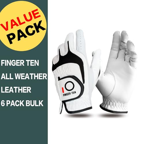 FINGER TEN Premium Cabretta Leather Golf Gloves Men 6 Pack for Right Left Handed Golfer, Comfortable Glove with All Weather Grip for Left Right Hand Size S M ML L XL (White-6 Pack, Medium, Left) - Image 2