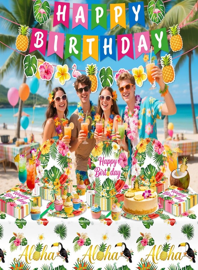 REDWORD Hawaiian Birthday Party Decorations, 99Pcs Hawaiian Plates and Napkins-Serve 24 With Birthday Banner Tablecloth Disposable Luau Plates for Luau Birthdays Tropical Summer BBQ Party Decorations - Image 4