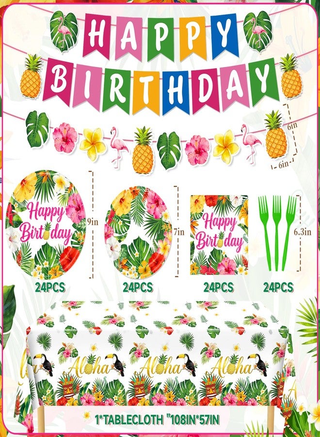 REDWORD Hawaiian Birthday Party Decorations, 99Pcs Hawaiian Plates and Napkins-Serve 24 With Birthday Banner Tablecloth Disposable Luau Plates for Luau Birthdays Tropical Summer BBQ Party Decorations - Image 2