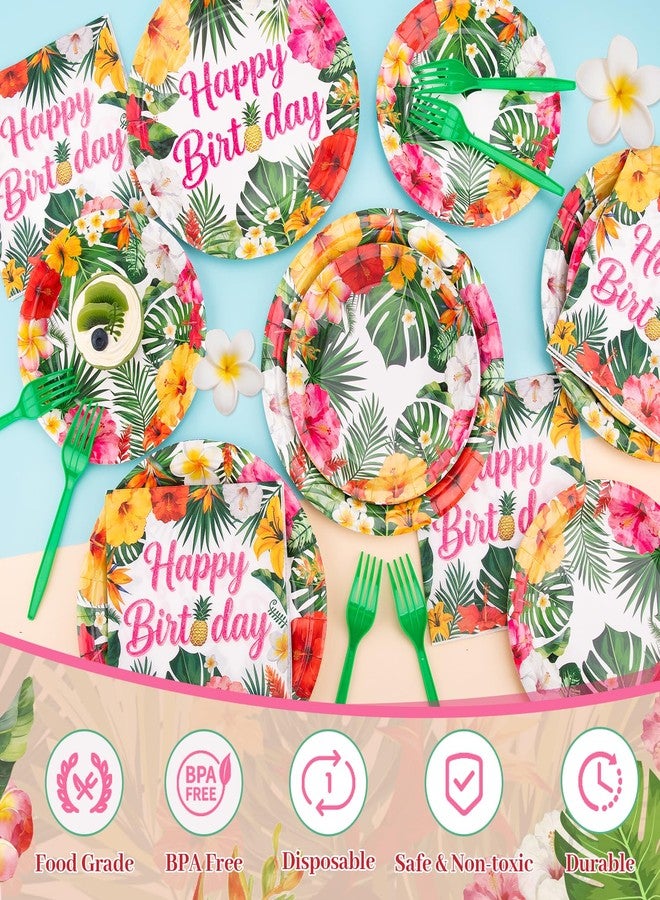 REDWORD Hawaiian Birthday Party Decorations, 99Pcs Hawaiian Plates and Napkins-Serve 24 With Birthday Banner Tablecloth Disposable Luau Plates for Luau Birthdays Tropical Summer BBQ Party Decorations - Image 3