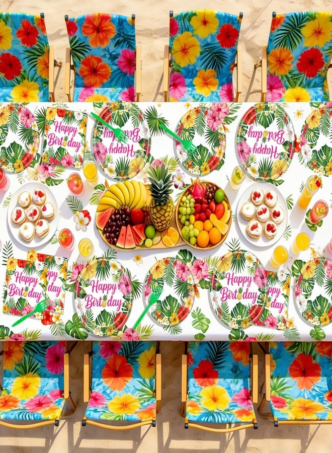 REDWORD Hawaiian Birthday Party Decorations, 99Pcs Hawaiian Plates and Napkins-Serve 24 With Birthday Banner Tablecloth Disposable Luau Plates for Luau Birthdays Tropical Summer BBQ Party Decorations - Image 5