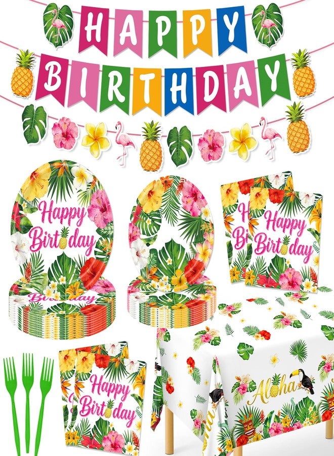 REDWORD Hawaiian Birthday Party Decorations, 99Pcs Hawaiian Plates and Napkins-Serve 24 With Birthday Banner Tablecloth Disposable Luau Plates for Luau Birthdays Tropical Summer BBQ Party Decorations - Image 1