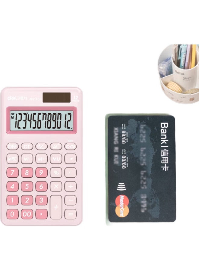 Deli Dual Power Portable Fashion Calculator With Slim Body And Silicone Keys For 4Th Grade Students, Cute Desktop Calculator For Learning, Light Red 1200 - Image 1