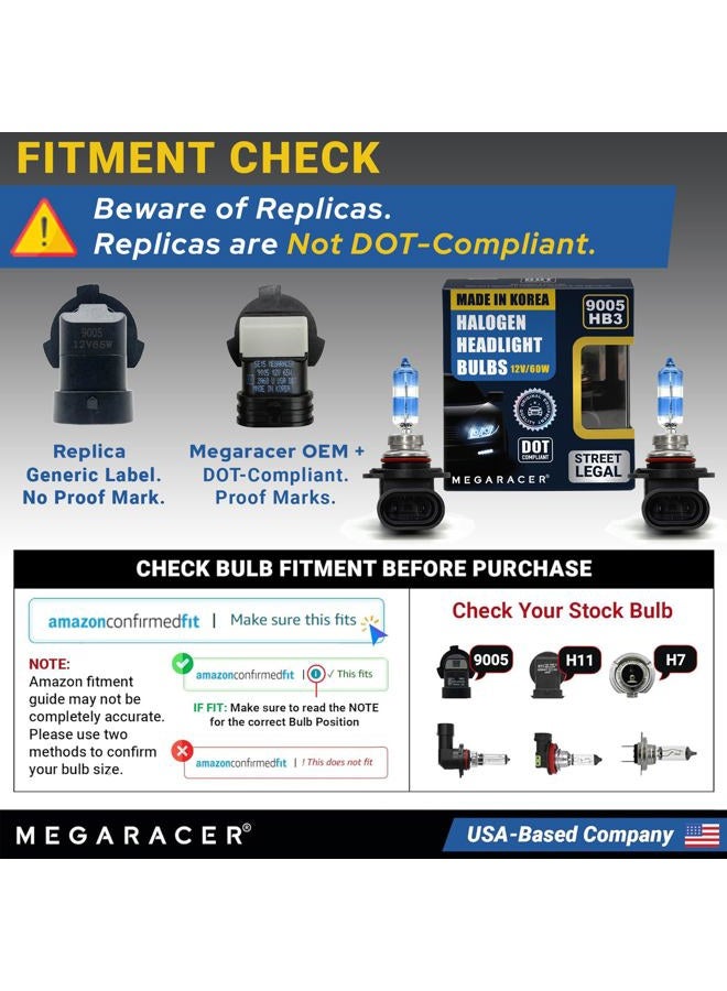 Mega Racer Premium OEM 9005 Halogen Headlight Bulb (High Beam) - Street-Legal & DOT Compliant for On-Road Use, Automotive Head Light Replacement for Car, 12V 65W, Plug & Play, Pack of 2 - Made in Korea - Image 4
