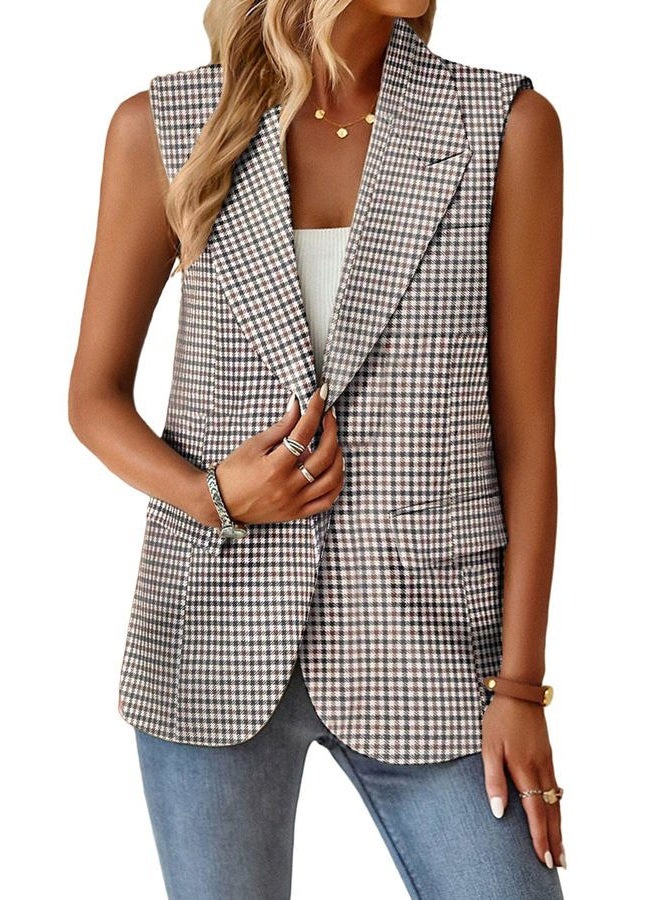 Mina self Fall Vest Blazer for Women Plaid Houndstooth Tan Oversize Tops Jacket Business Casual Womens Work Outfits Clothes Top Vests Blazers KG L - Image 3