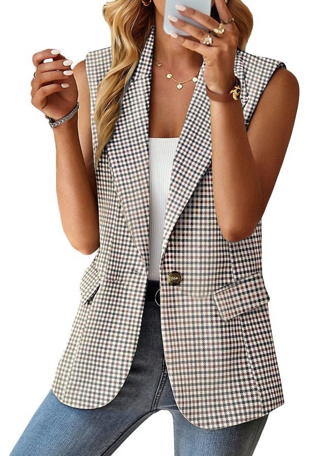 Mina self Fall Vest Blazer for Women Plaid Houndstooth Tan Oversize Tops Jacket Business Casual Womens Work Outfits Clothes Top Vests Blazers KG L - Image 4