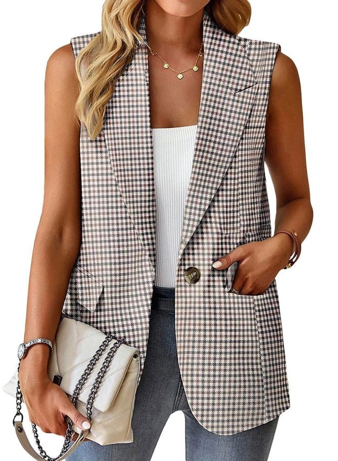 Mina self Fall Vest Blazer for Women Plaid Houndstooth Tan Oversize Tops Jacket Business Casual Womens Work Outfits Clothes Top Vests Blazers KG L - Image 2