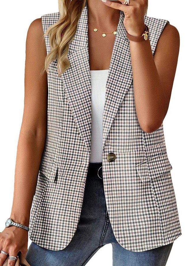 Mina self Fall Vest Blazer for Women Plaid Houndstooth Tan Oversize Tops Jacket Business Casual Womens Work Outfits Clothes Top Vests Blazers KG L - Image 1
