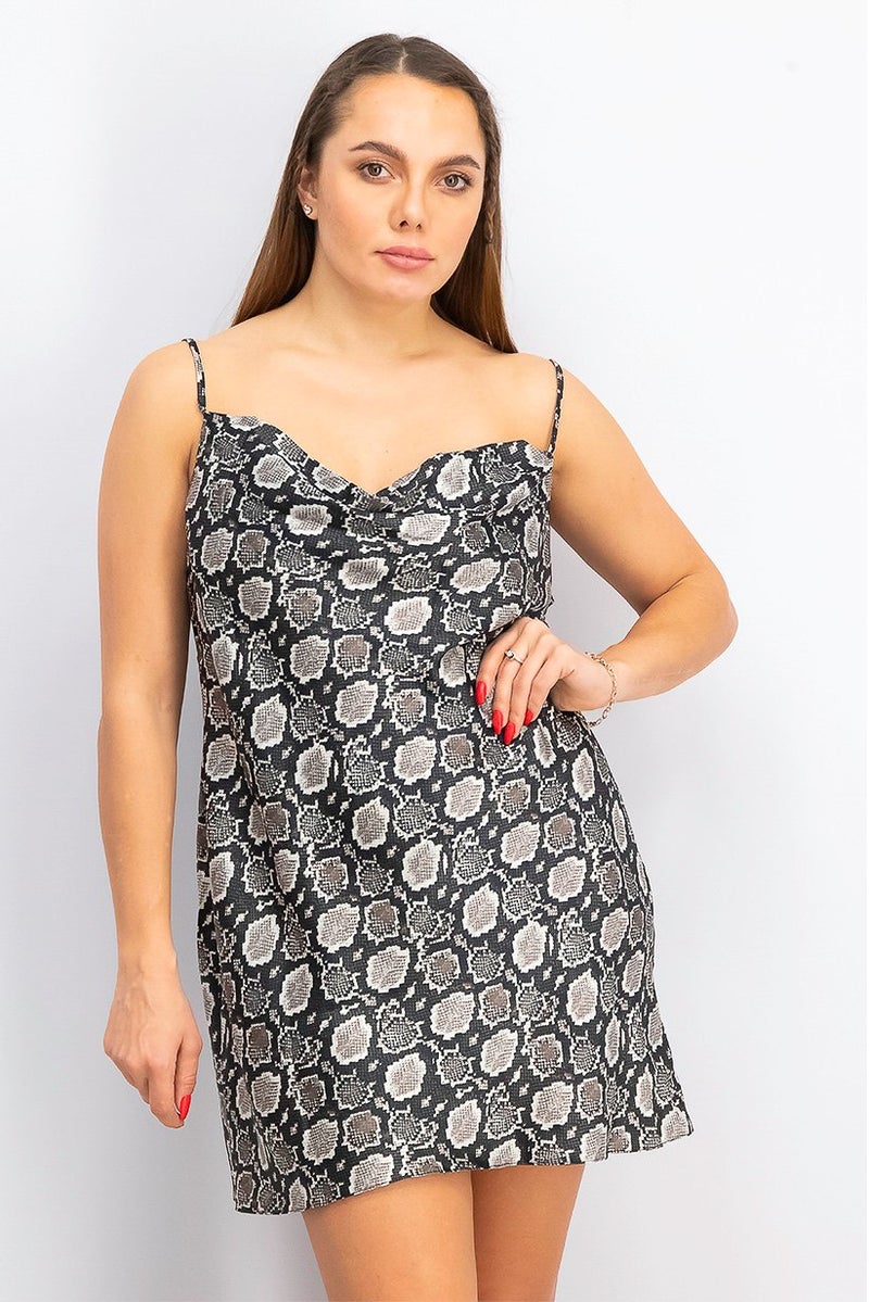 Miss Selfridge Women Petite Snake Print Sleeveless Cowl Neck Mini Dress, Gray and Back - Image 1