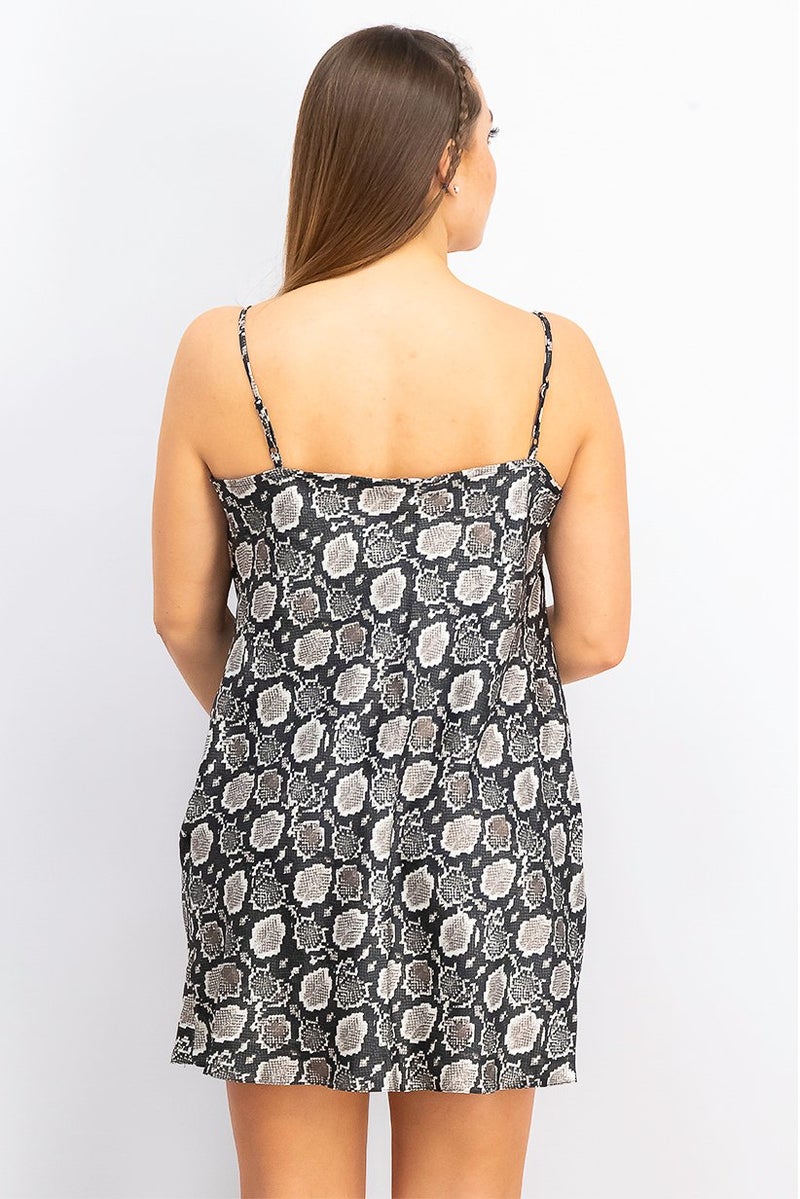 Miss Selfridge Women Petite Snake Print Sleeveless Cowl Neck Mini Dress, Gray and Back - Image 3