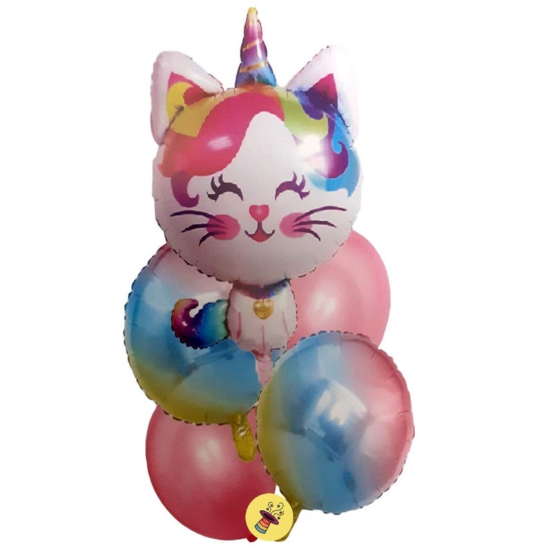 Atpata Funky Rainbow Unicorn Kitten Foil Balloons Balloon Bouquet (Pack of 5pcs.), (Model: Foil-RainbowKitten), Multicolour, Large - Image 1