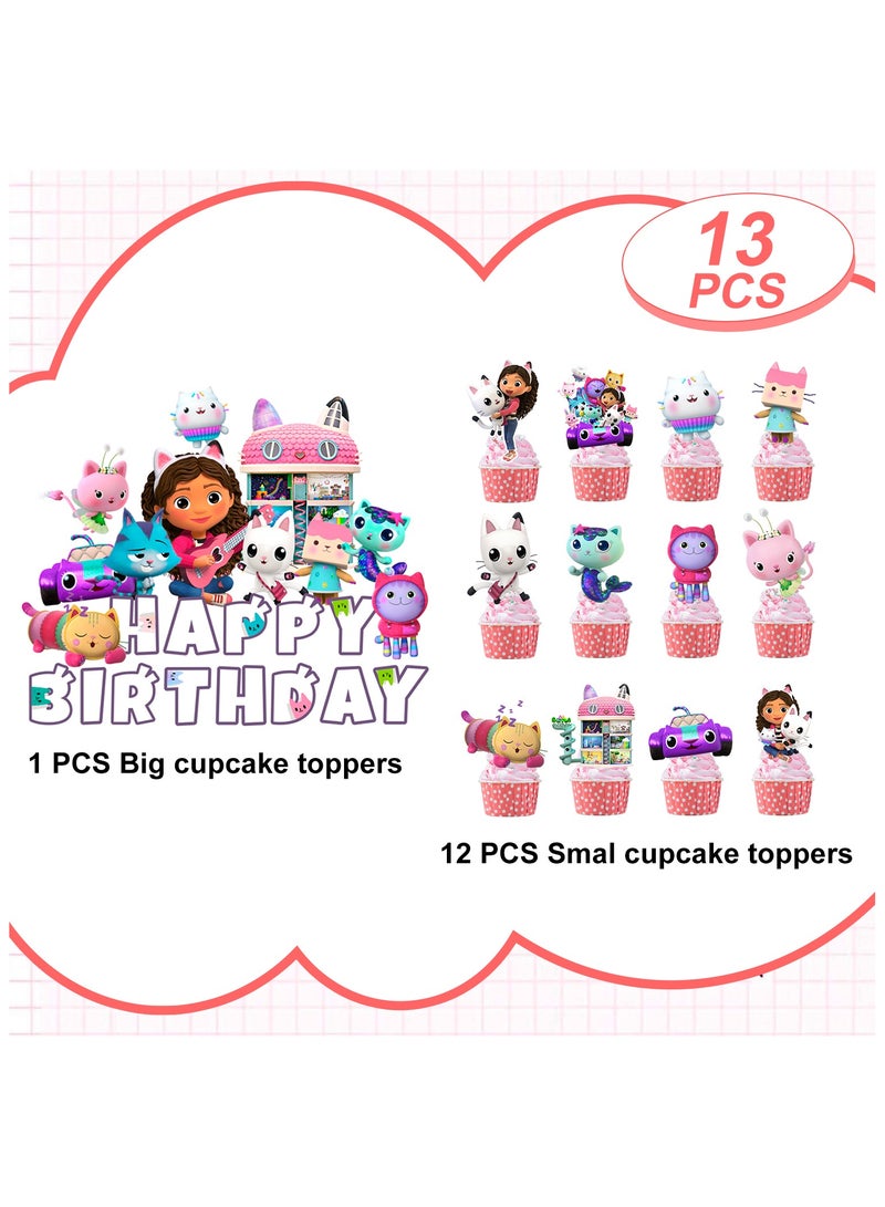 FRUITFUL PARTY Gabby Dollhouse Party Cake Topper, 13 Pcs Cartoon Cake Toppers -1 Cartoon Dollhouse Birthday Cake Topper & 12 Gabby Dollhouse Cupcake Topper Cartoon Birthday Party Decoration Supplies for Kids - Image 2
