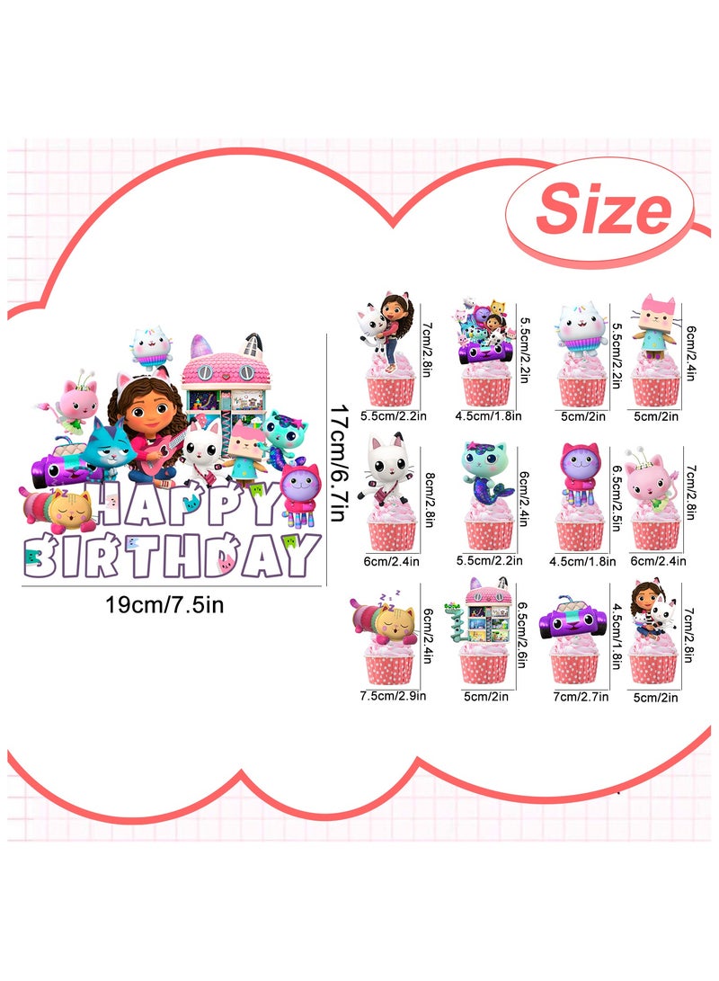 FRUITFUL PARTY Gabby Dollhouse Party Cake Topper, 13 Pcs Cartoon Cake Toppers -1 Cartoon Dollhouse Birthday Cake Topper & 12 Gabby Dollhouse Cupcake Topper Cartoon Birthday Party Decoration Supplies for Kids - Image 3