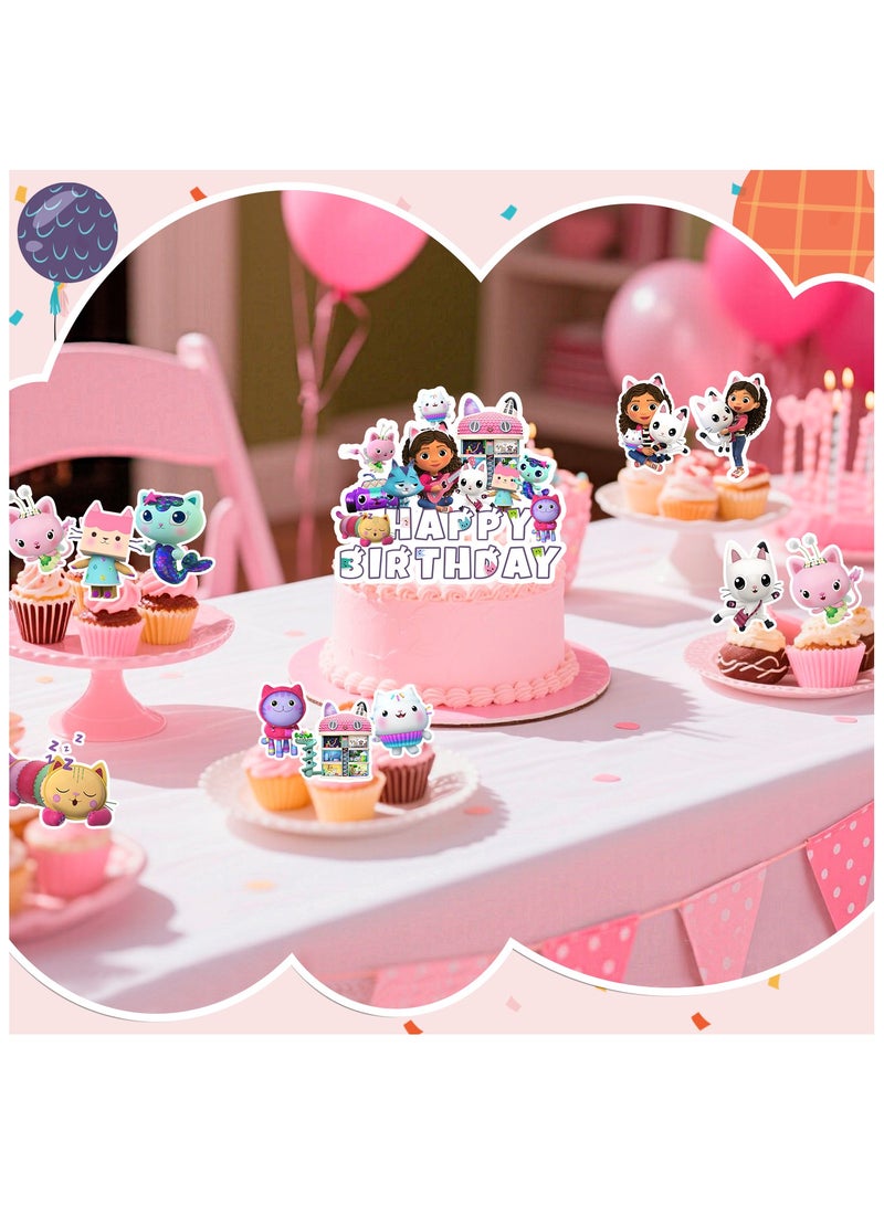 FRUITFUL PARTY Gabby Dollhouse Party Cake Topper, 13 Pcs Cartoon Cake Toppers -1 Cartoon Dollhouse Birthday Cake Topper & 12 Gabby Dollhouse Cupcake Topper Cartoon Birthday Party Decoration Supplies for Kids - Image 5