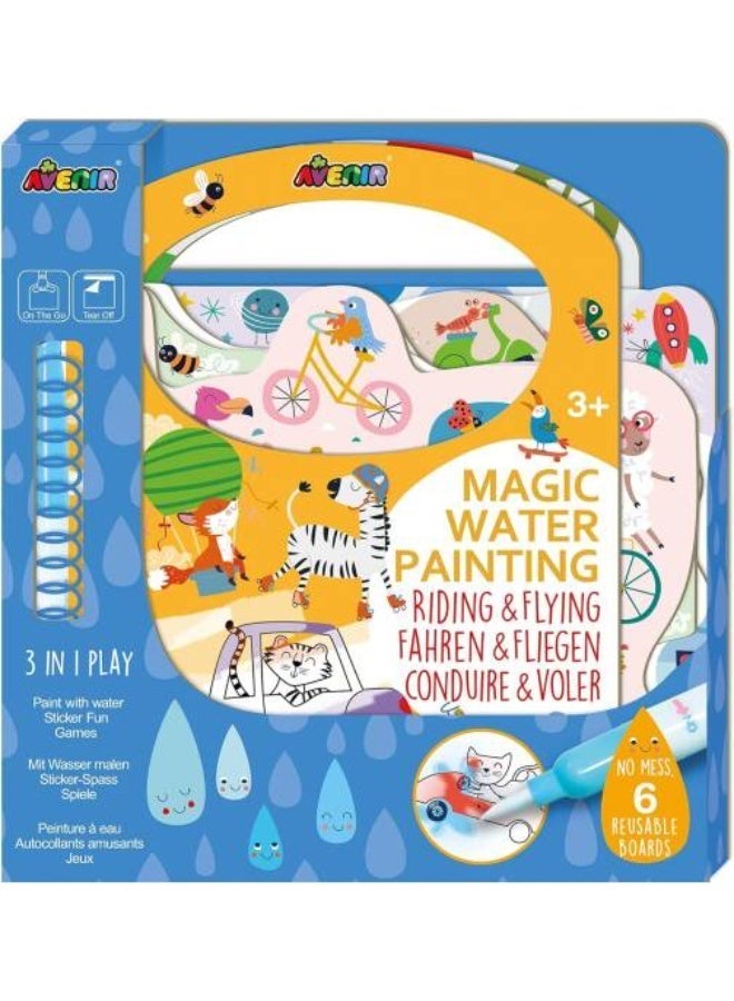 Avenir 3 in 1 Magic Water Painting Riding & Flying 6 Reusable Coloring Surfaces, 2 Sheets of Repositionable Stickers, and Refillable Water Pen, Easy to Carry Kids 3+ - Image 1