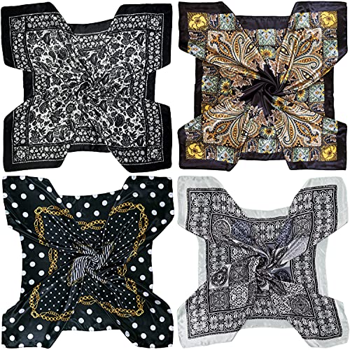 Lilments 4 Pc Set Large 35 × 35 inches Satin Square Scarves Neck Hair Head Scarf Bundle (Set D) - Image 1