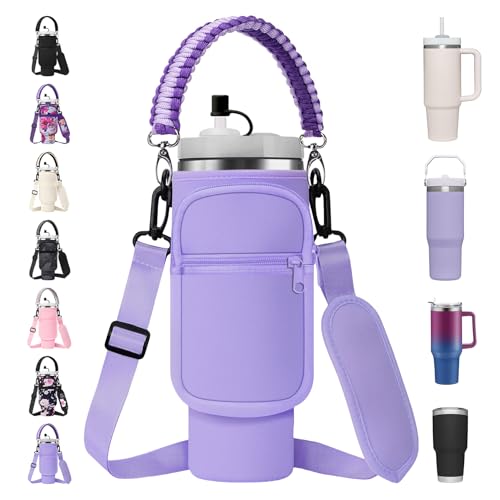 AceTreker Water Bottle Sling Bag with Paracord Handle for Stanley 3040 oz Tumbler Neoprene Insulated Cup Sleeve with 2 Pockets Adjustable Strap Straw Cap for Stanley Cup AccessoriesPurple - Image 1